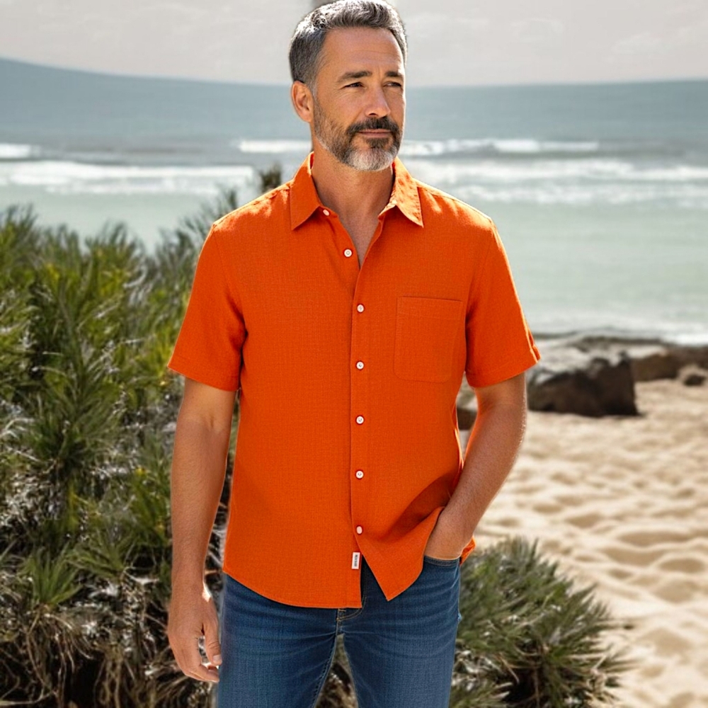 Club Room Luxury‎ Mens Linen Shirt XL Short Sleeve Button Front Orange Tropical